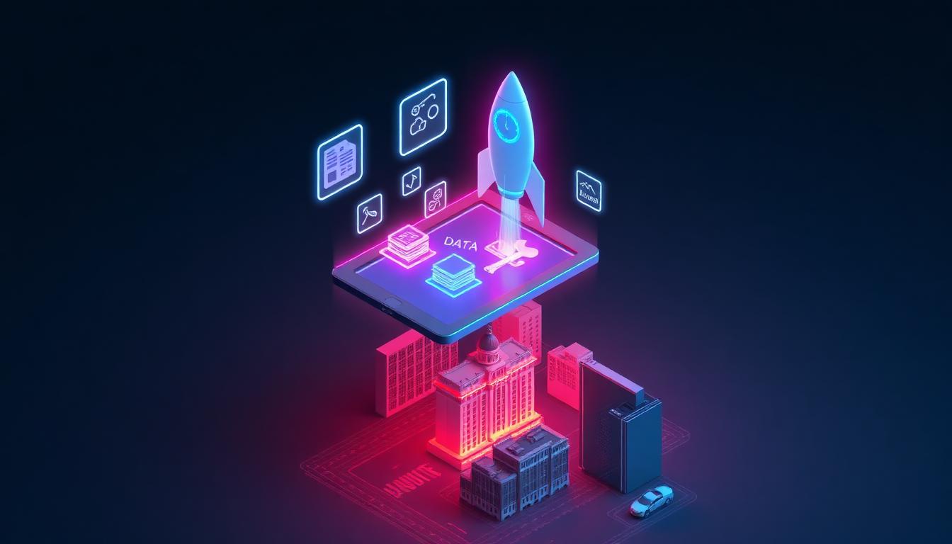 3D isometric Las Vegas lead intelligence command center with rocket and data cards